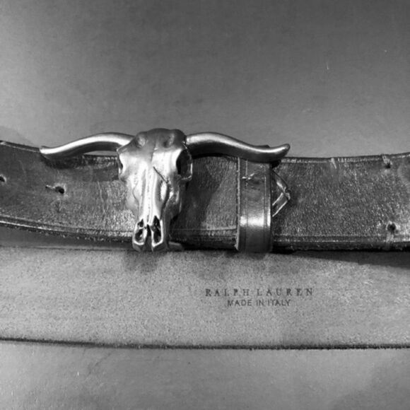 Ralph Lauren * Made in Italy Steer Head Black Distressed Calf Leather Belt - Picture 10 of 15